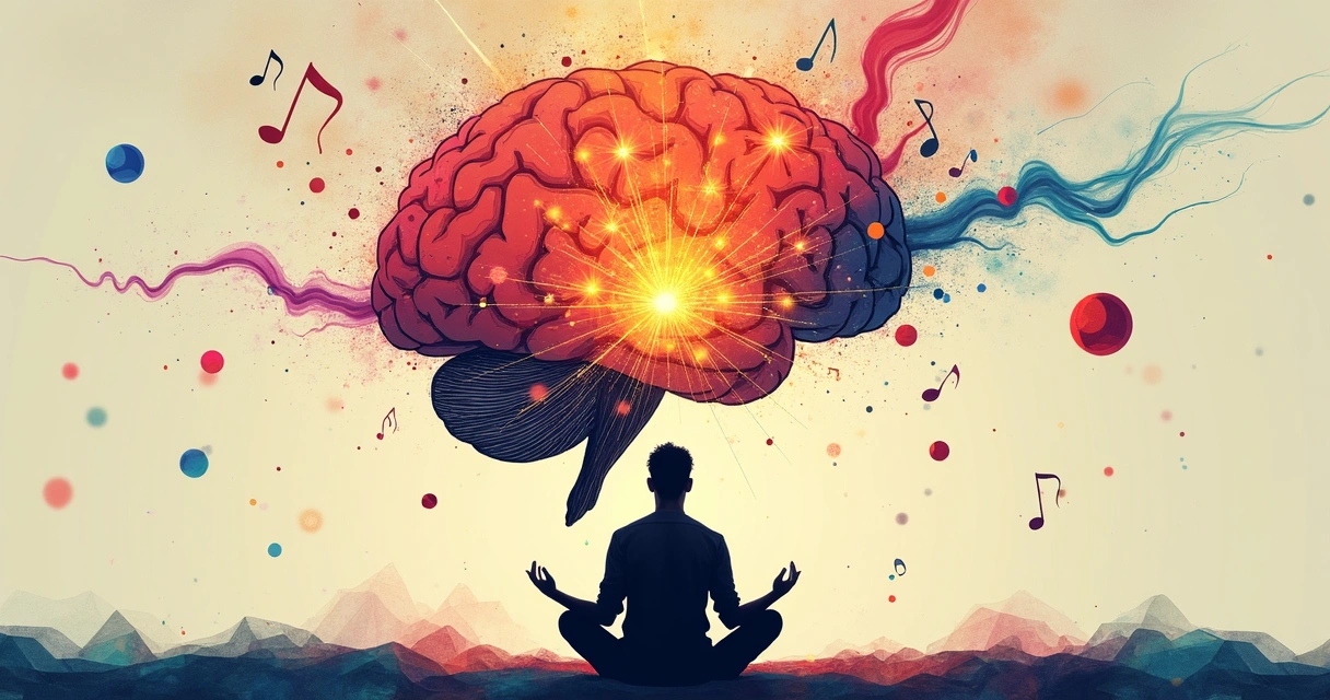 Cerebro humano estilizado iluminado, rodeado de destellos creativos