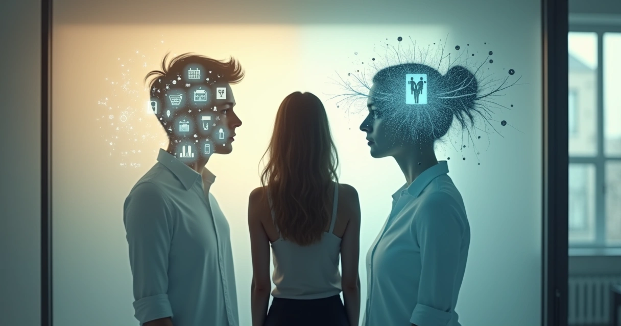 Persona observando su silueta doble con pensamientos visibles e invisibles 