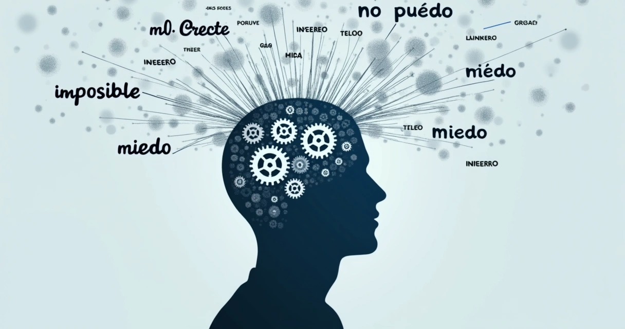 Silueta humana con engranajes y palabras limitantes flotando alrededor