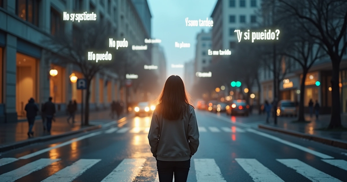 Persona en una calle mirando frases luminosas en el cielo 
