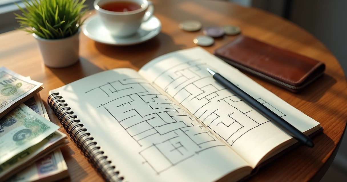Caderno com labirinto desenhado ao lado de carteira e notas de dinheiro sobre mesa de madeira 
