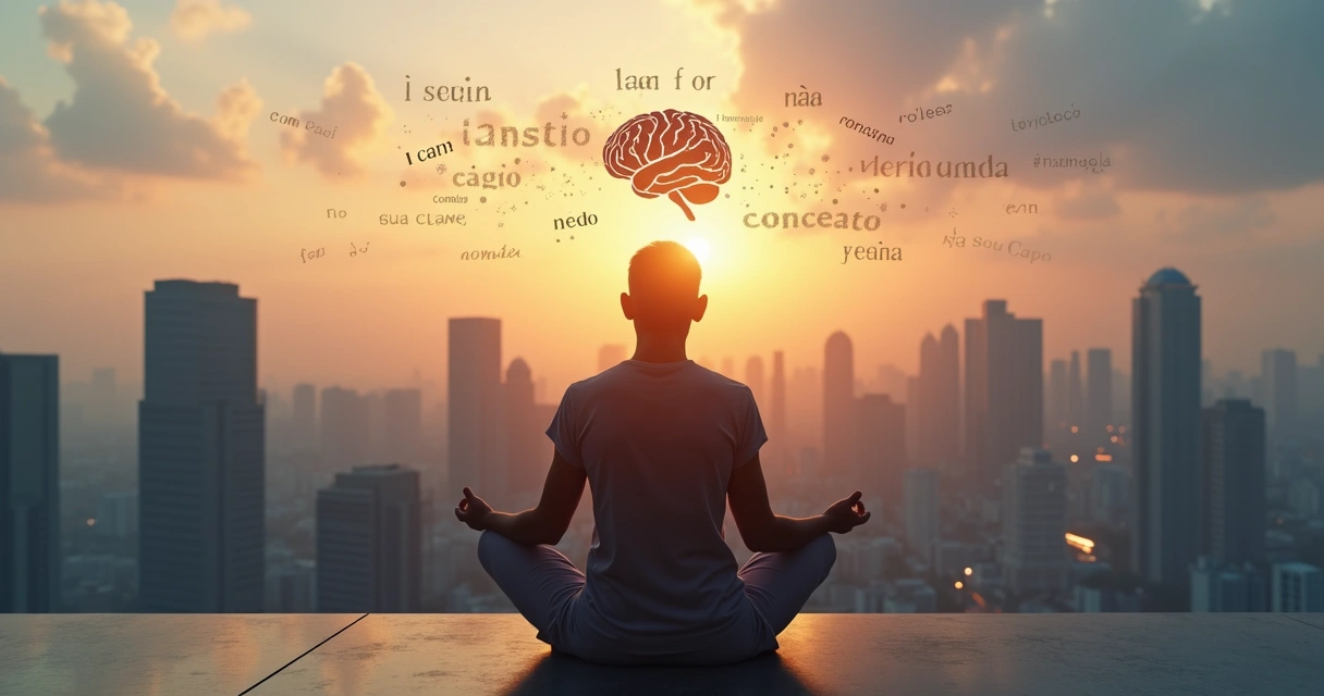 Pessoa em meditação observando sombras de crenças se projetando sobre uma cidade 