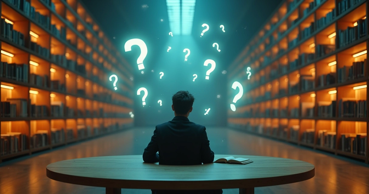 Pessoa em biblioteca moderna cercada por perguntas luminosas flutuando 