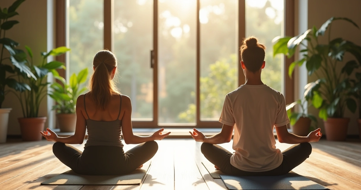 Duas pessoas sentadas de pernas cruzadas em tapetes de yoga, olhos fechados, em um ambiente sereno e natural, reflexo de uma mente tranquila e criativa 