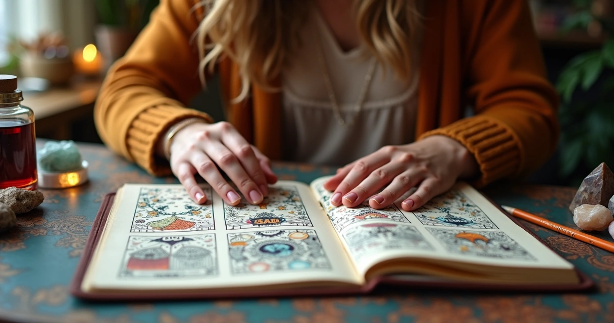 Pessoa refletindo com cartas de tarot abertas ao lado