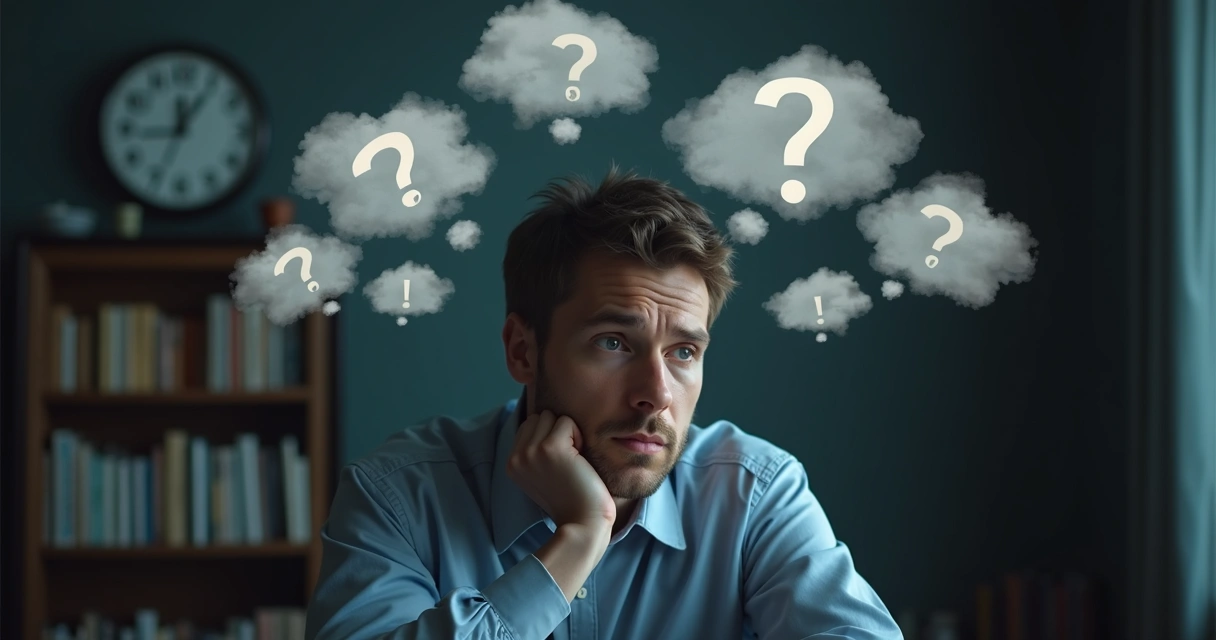 Persona pensativa con expresion de duda, rodeada de nubes con simbolos de interrogacion
