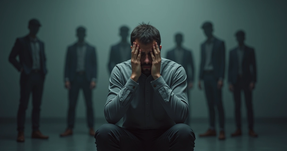 Hombre con expresión preocupada y siluetas de pensamientos negativos alrededor