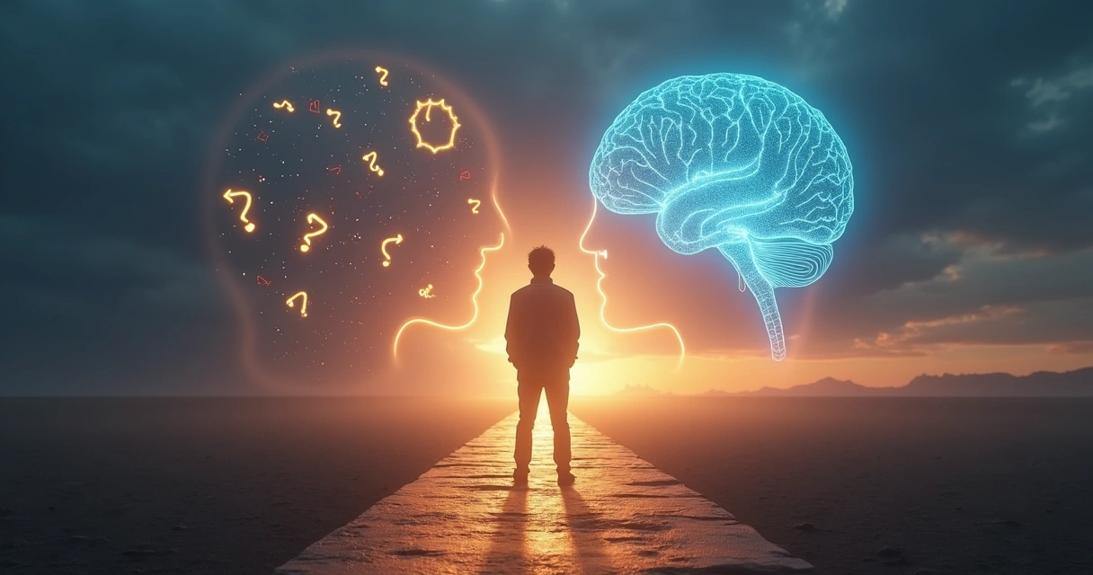 Pessoa diante de dois caminhos com engrenagens e ondas cerebrais ao fundo 