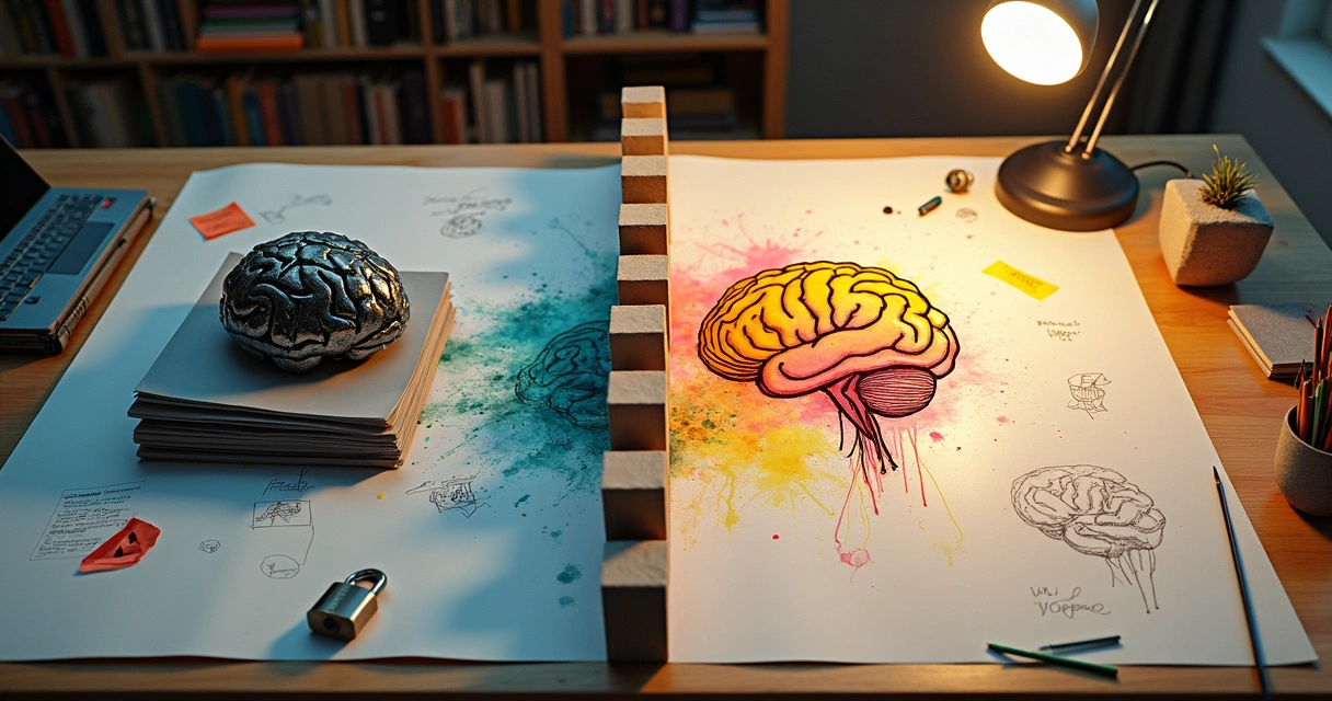 Mesa com cérebro mecânico e cérebro colorido separados por muro de blocos 