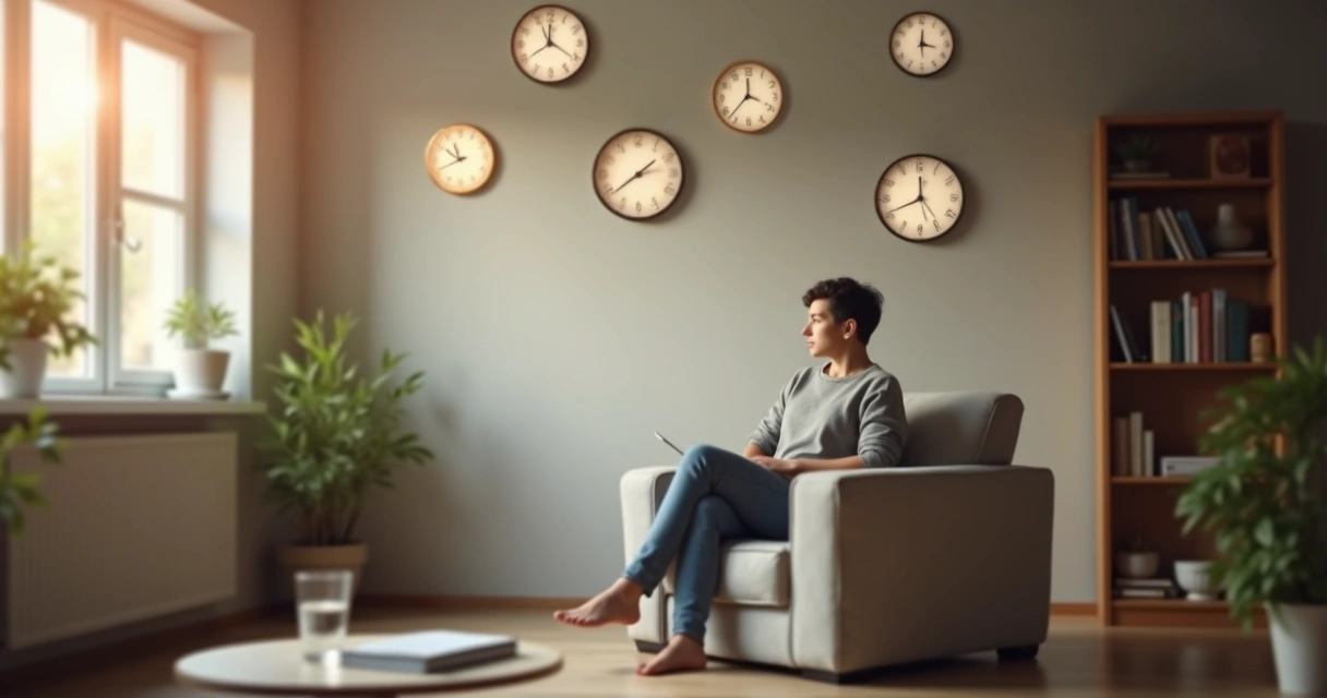 Pessoa em sala tranquila com relógios borrados ao redor representando mente desacelerando 