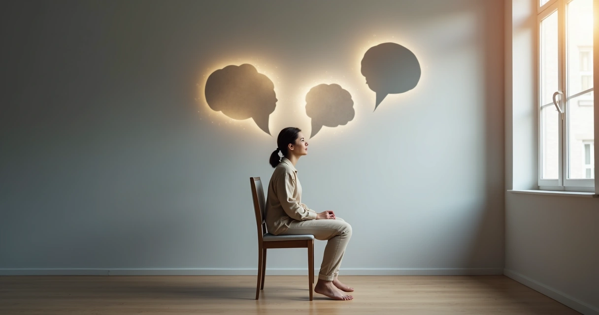 Pessoa sentada refletindo com sombras negativas ao fundo e formas de luz ao redor da cabeça 