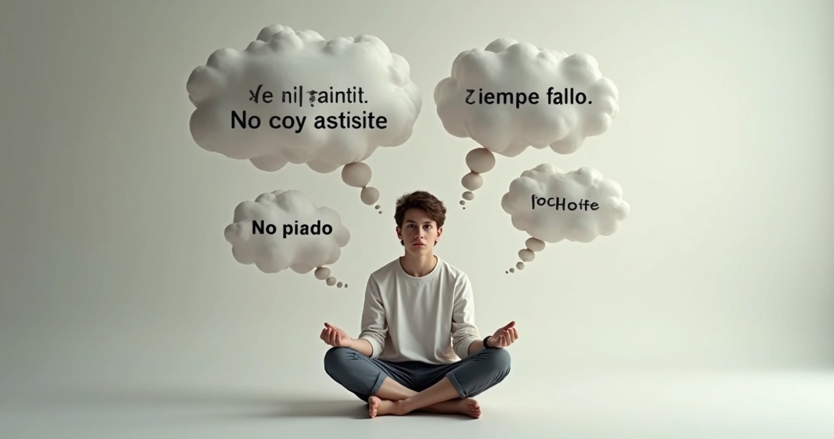 Persona sentada con gesto pensativo y nubes de texto negativas alrededor