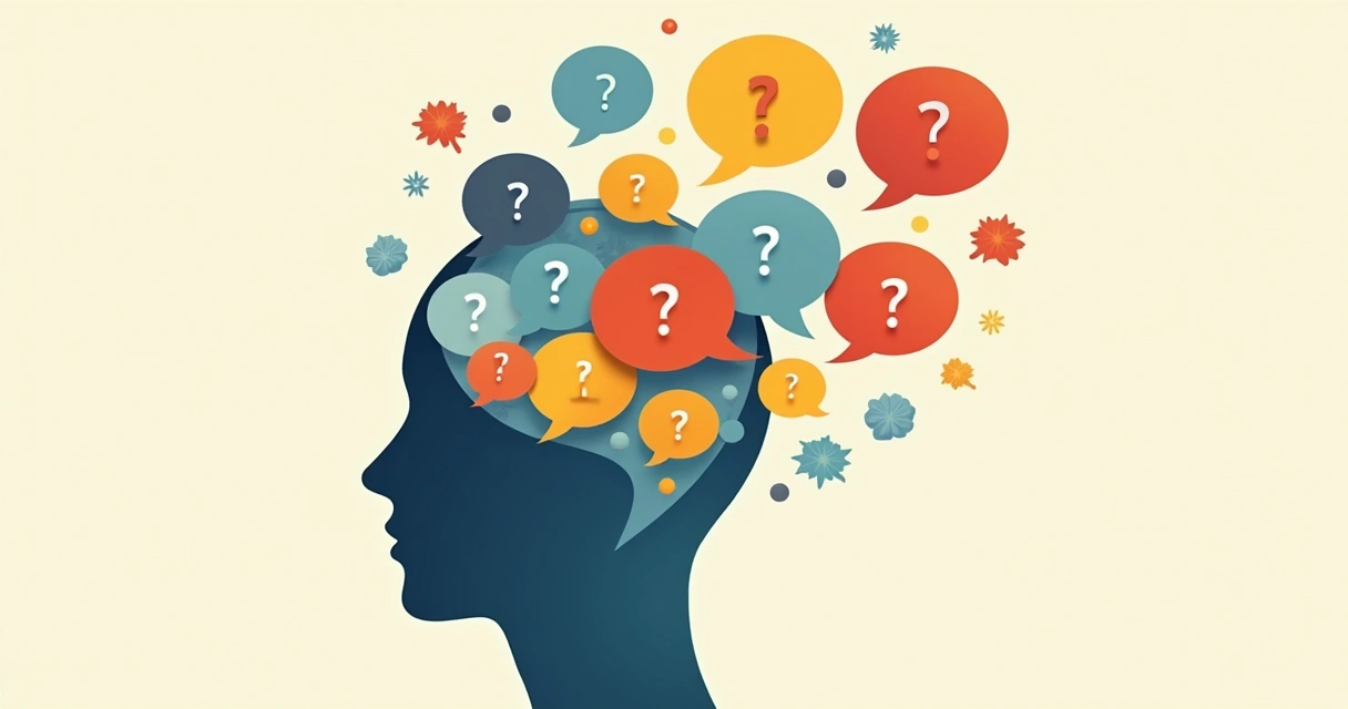 Ilustração de uma silhueta de cabeça, com pequenos balões de fala dentro representando pensamentos diversos. 
