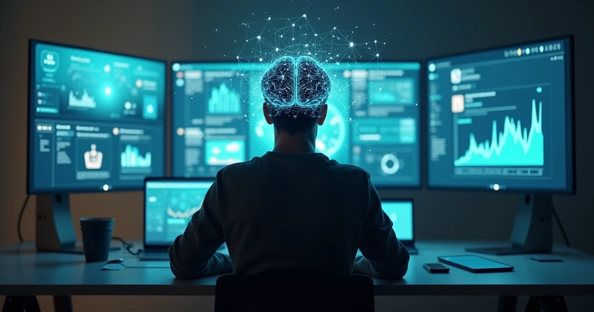 Pessoa em frente a várias telas digitais com sobreposição de cérebro luminoso conectado 