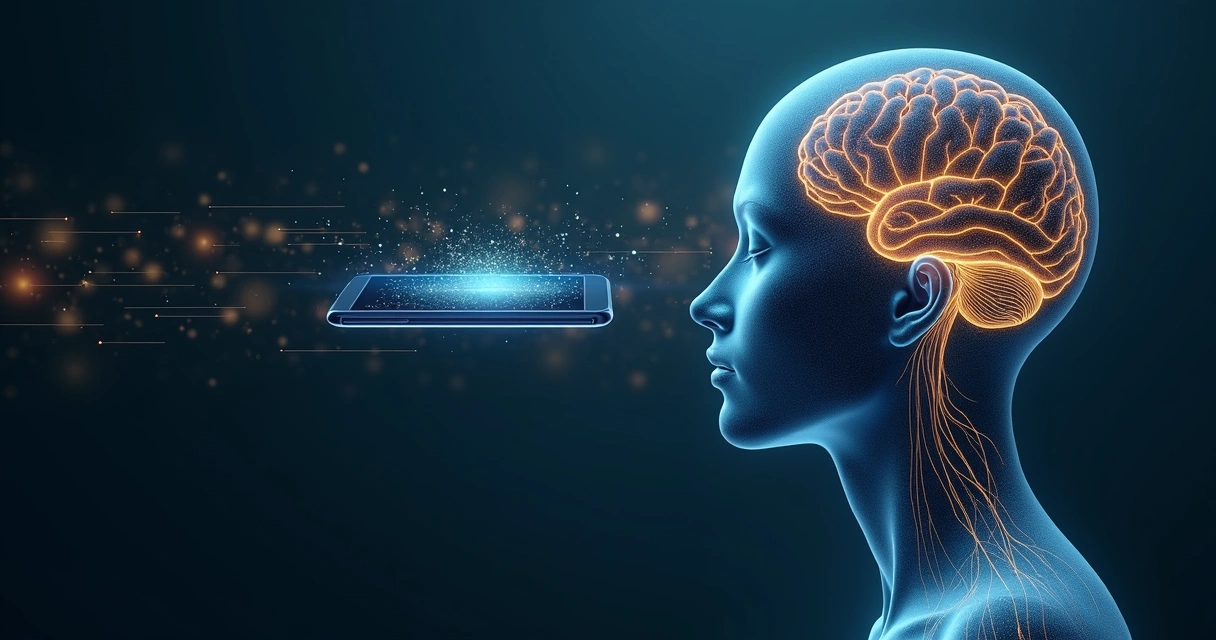 Perfil humano con cableado luminoso conectado a un teléfono inteligente 