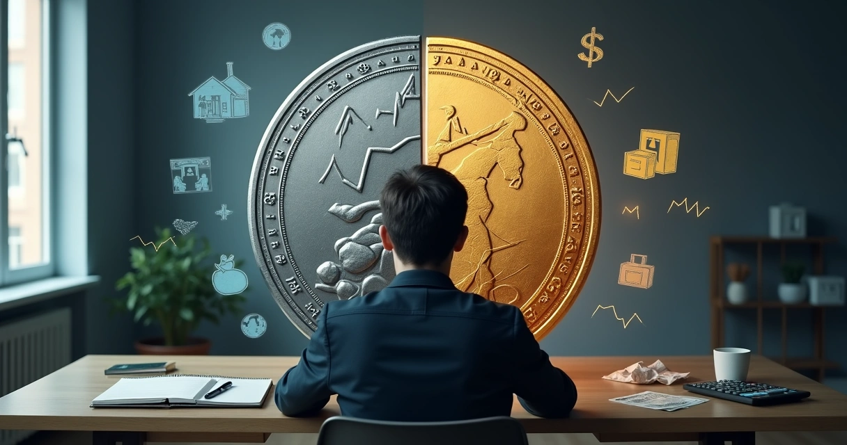 Pessoa olhando para duas metades de uma moeda gigante representando razão e emoção nas finanças 