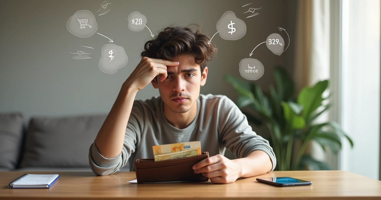 Pessoa olhando para carteira com dinheiro cercada por setas e ícones de pensamentos financeiros 