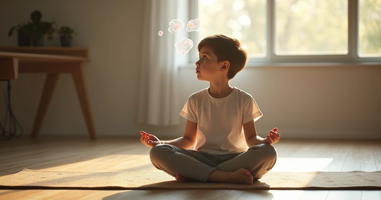 Jovem em ambiente calmo tentando meditar com olhares de distração 