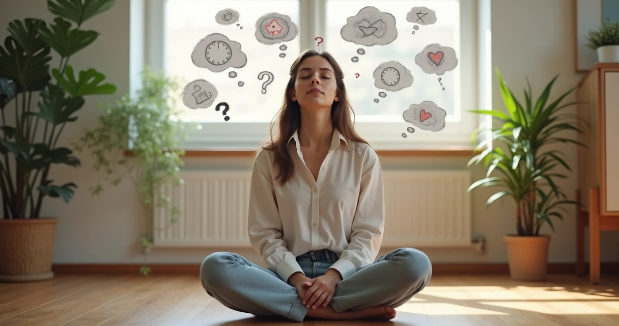 Pessoa sentada no chão, olhos fechados, com desenhos translúcidos de pensamentos flutuando ao redor da cabeça 