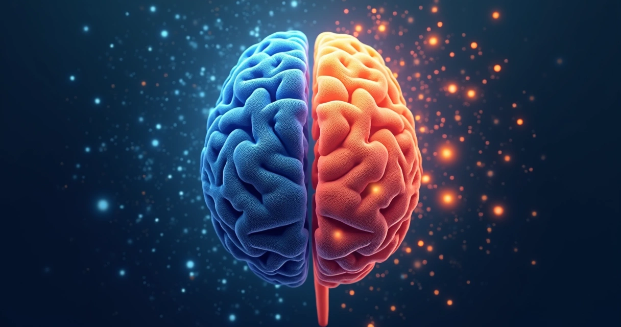 Cérebro iluminado em duas cores, sugerindo lados intuitivo e racional 