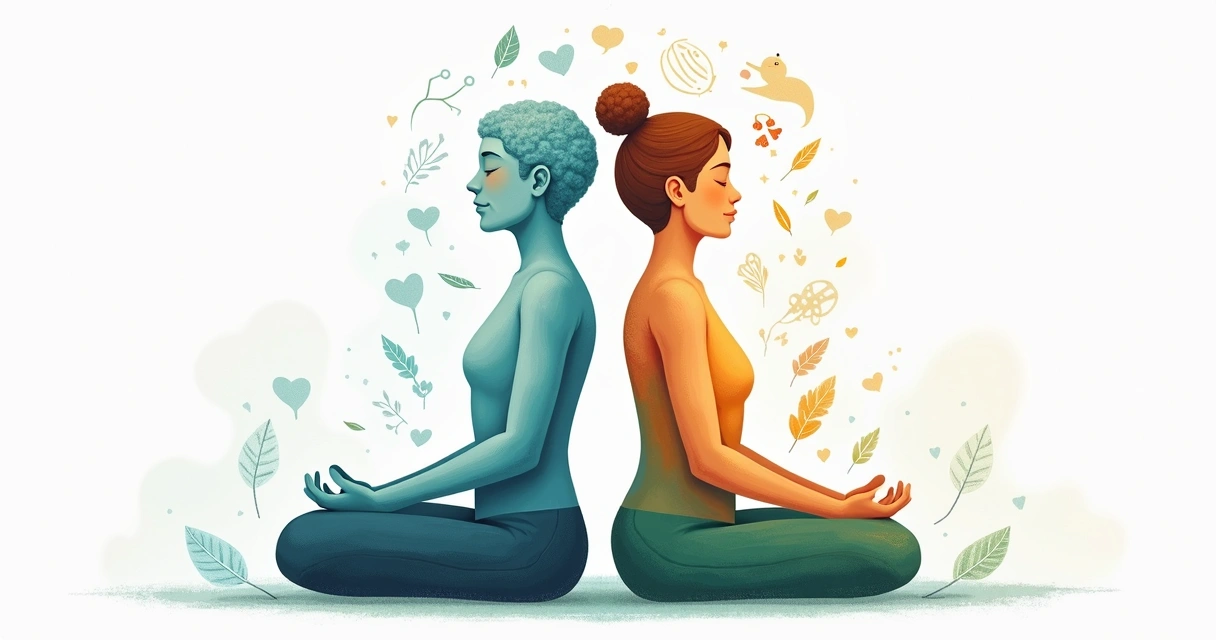 Representação visual de mente e corpo equilibrados com figuras humanas e elementos circulares coloridos