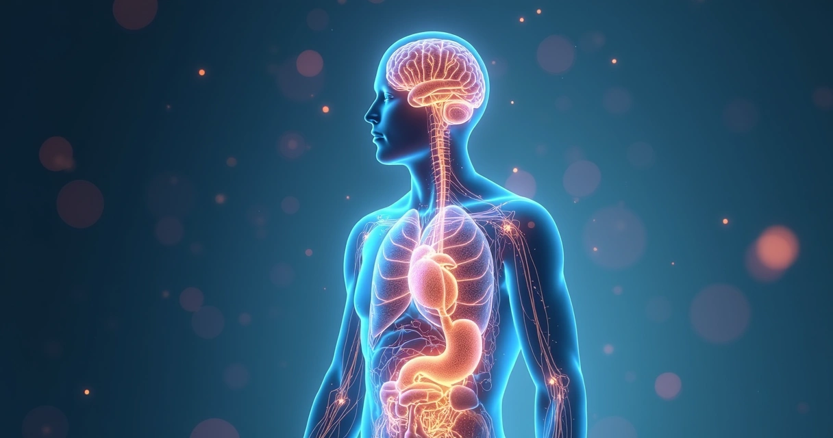 Representação artística de corpo humano com conexões entre cérebro e órgãos internos 