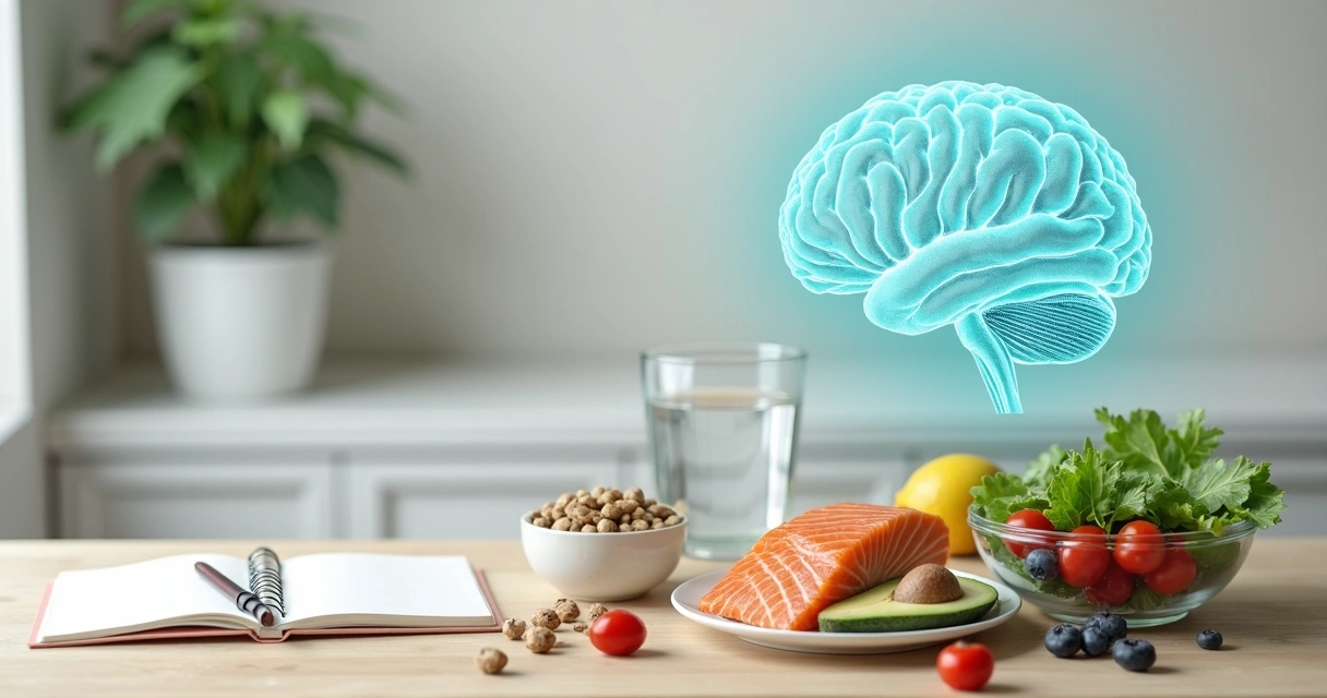 Mesa com alimentos saudáveis e ilustração semi-transparente de cérebro ao fundo 