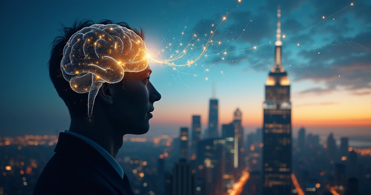 Silhueta de pessoa com cidade e fluxos econômicos formando-se a partir da cabeça 