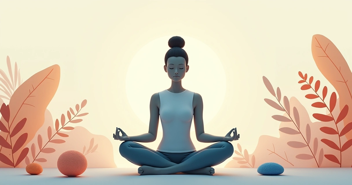 Ilustração de uma pessoa meditando sentada, com elementos de natureza ao redor e formas suaves ao fundo 