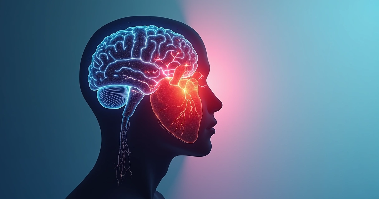 Perfil humano dividido ao meio, com cérebro iluminado em uma metade e coração brilhando do outro lado 