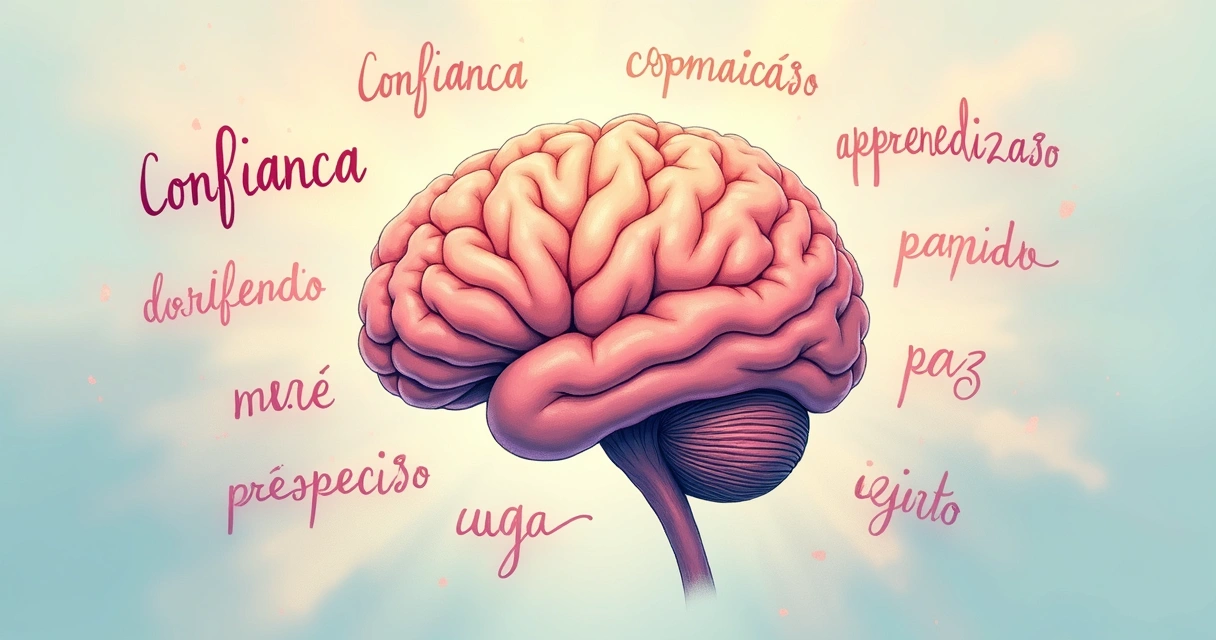 Cérebro ilustrado com cores suaves em equilíbrio, rodeado por palavras positivas ao redor 
