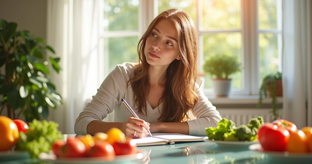 Pessoa refletindo sobre escolhas alimentares ao lado de pratos coloridos e saudáveis. 