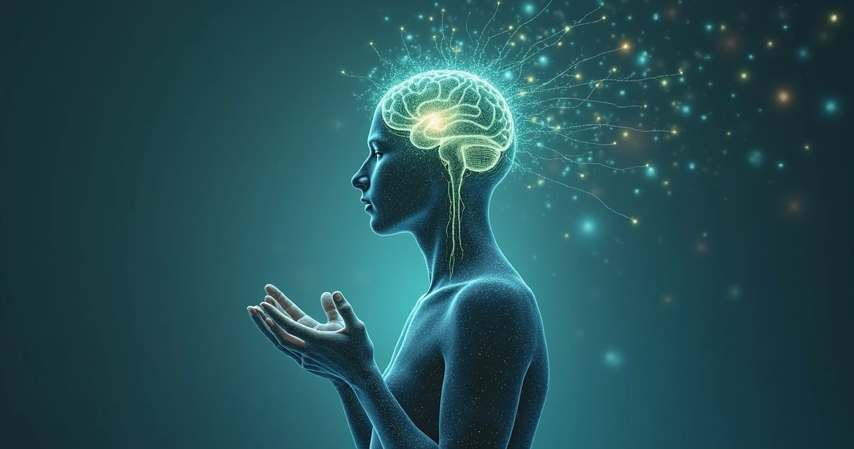 Desenho de uma pessoa refletindo com conexões entre cérebro, coração e mãos 