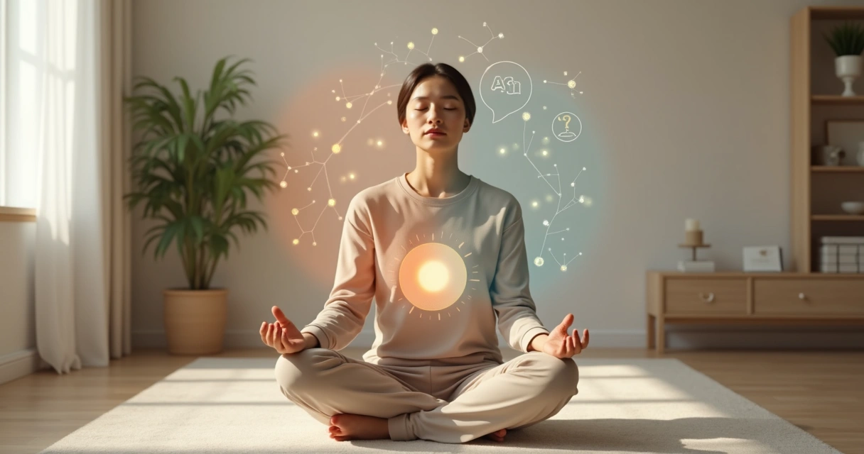 Pessoa em meditação com ilustrações de emoção sentimento e pensamento em volta da cabeça 