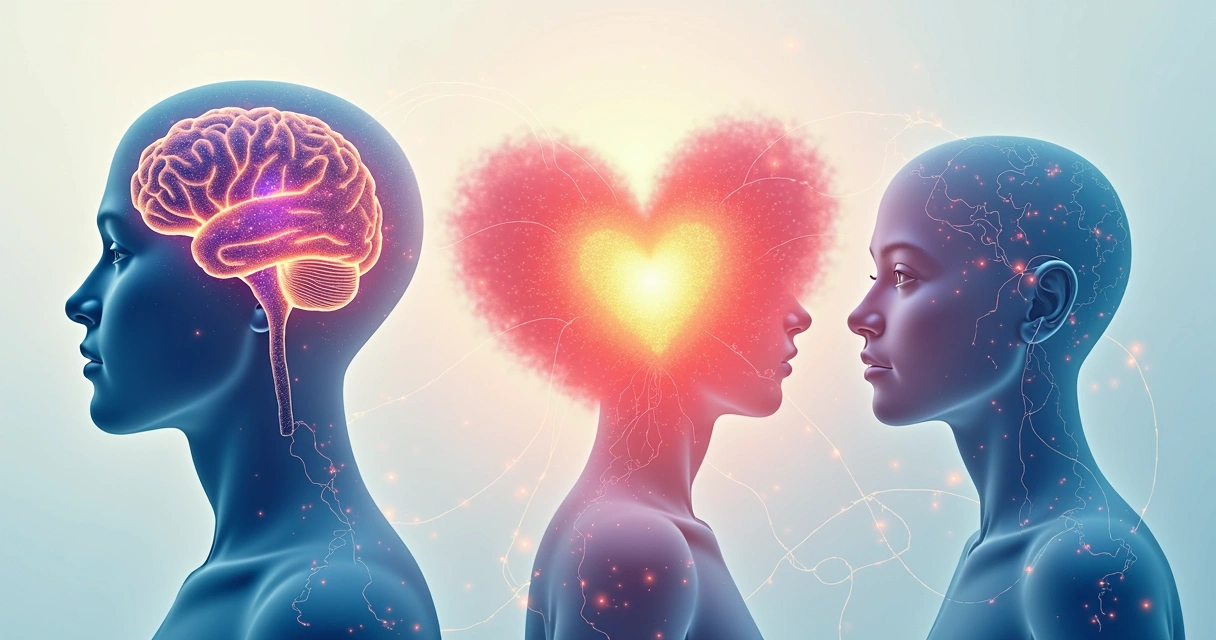 Tres siluetas entrelazadas, mente, corazón y cuerpo conectados con líneas de energía 