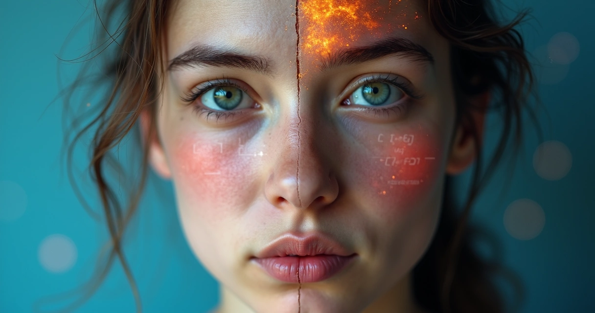 Rostro dividido entre mente racional y emoción desbordada buscando integración 