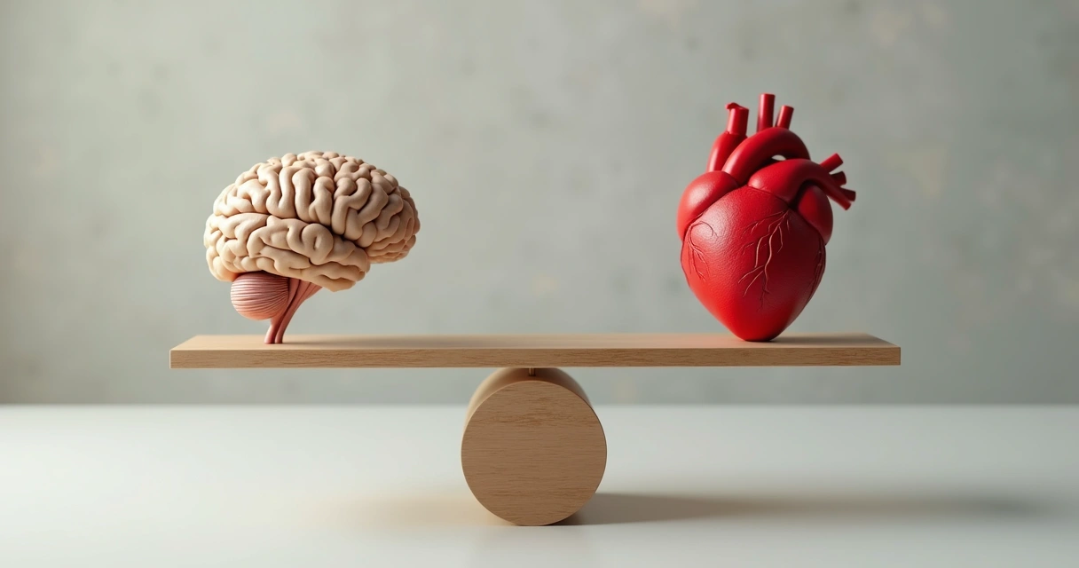 Cerebro humano y corazón equilibrados en una balanza sobre fondo neutro 