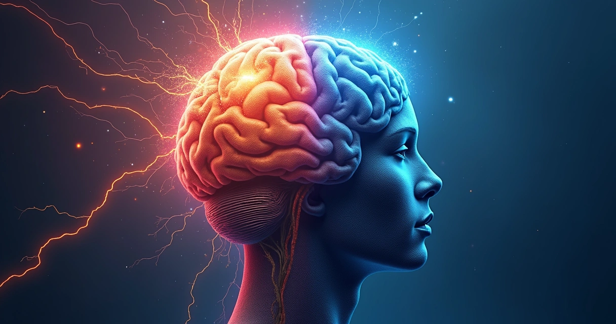 Cérebro dividido entre parte racional e emocional, em cores distintas 