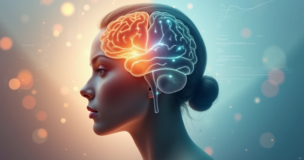 Rostro dividido entre mente emocional y racional en equilibrio visual 