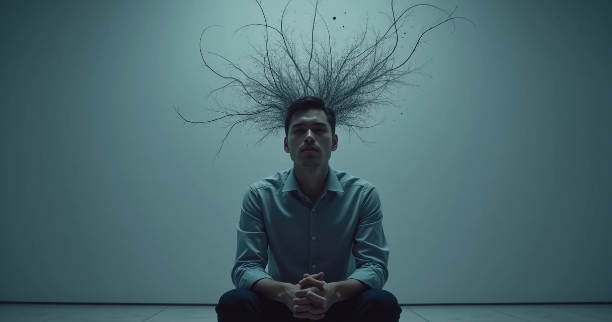 Persona sentada en silencio con expresión pensativa, rodeada de gráficos neuronales que simulan actividad cerebral intensa 