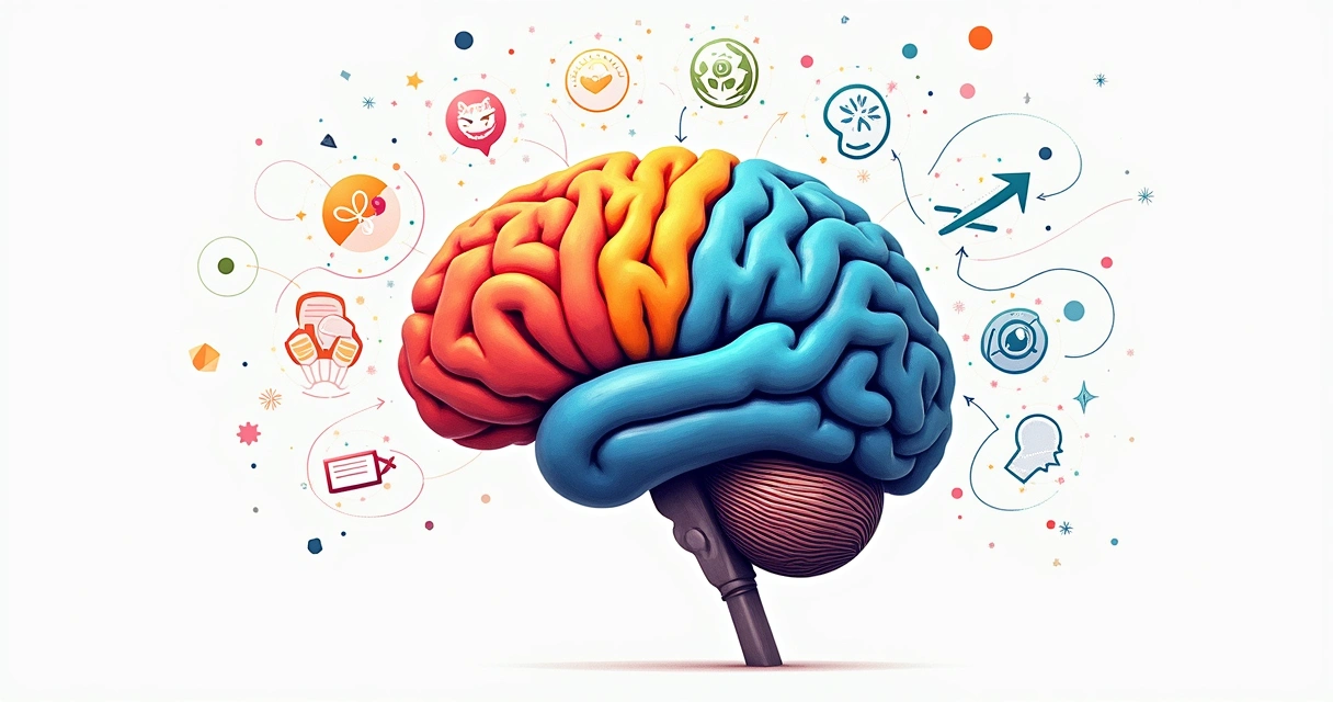 Ilustração de um cérebro com luzes coloridas representando diferentes áreas de decisão ética. 