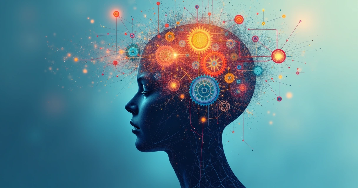 Desenho de um cérebro humano com traços de engrenagens e conexões coloridas, representando criatividade e autogestão 