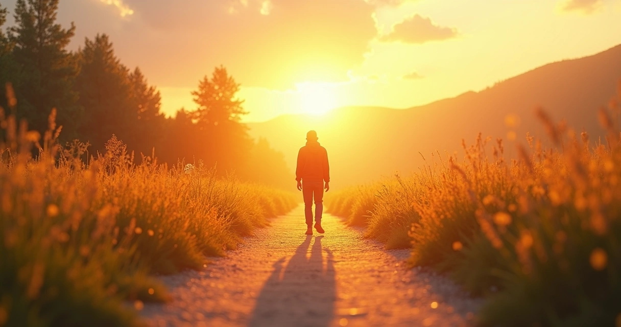 Pessoa caminhando para o sol com expressão de alívio e felicidade 