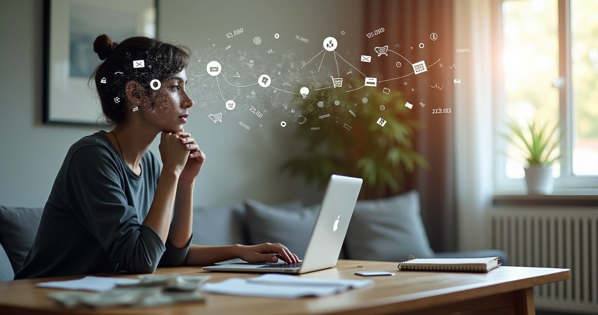 Pessoa analisando finanças com mente dividida entre clareza e confusão 