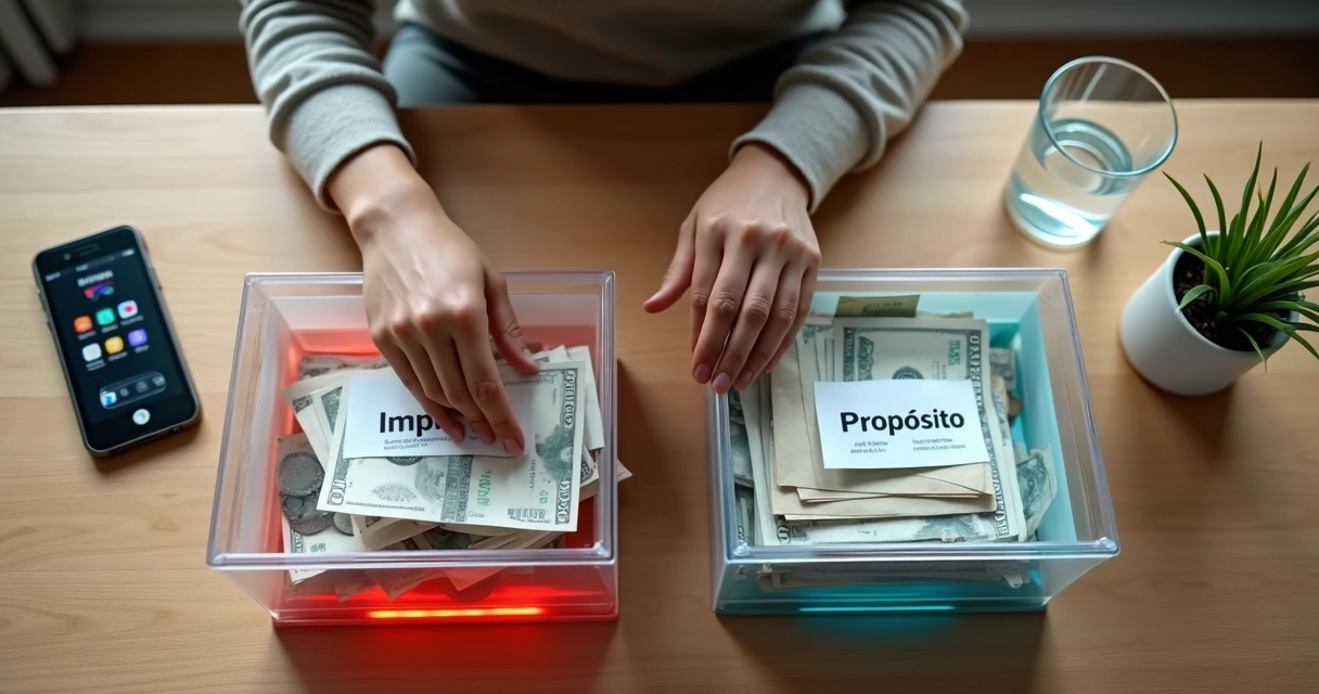 Persona sentado en escritorio separando billetes entre dos cajas iluminadas 