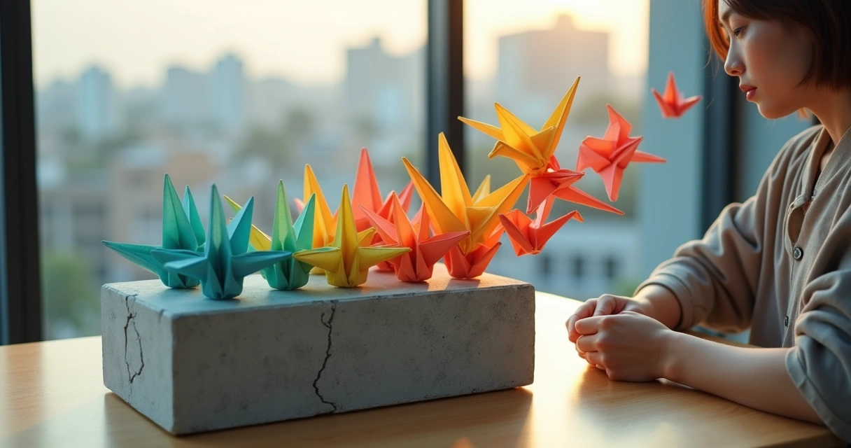Pessoa moldando figuras de origami coloridas que saem de um bloco rígido 