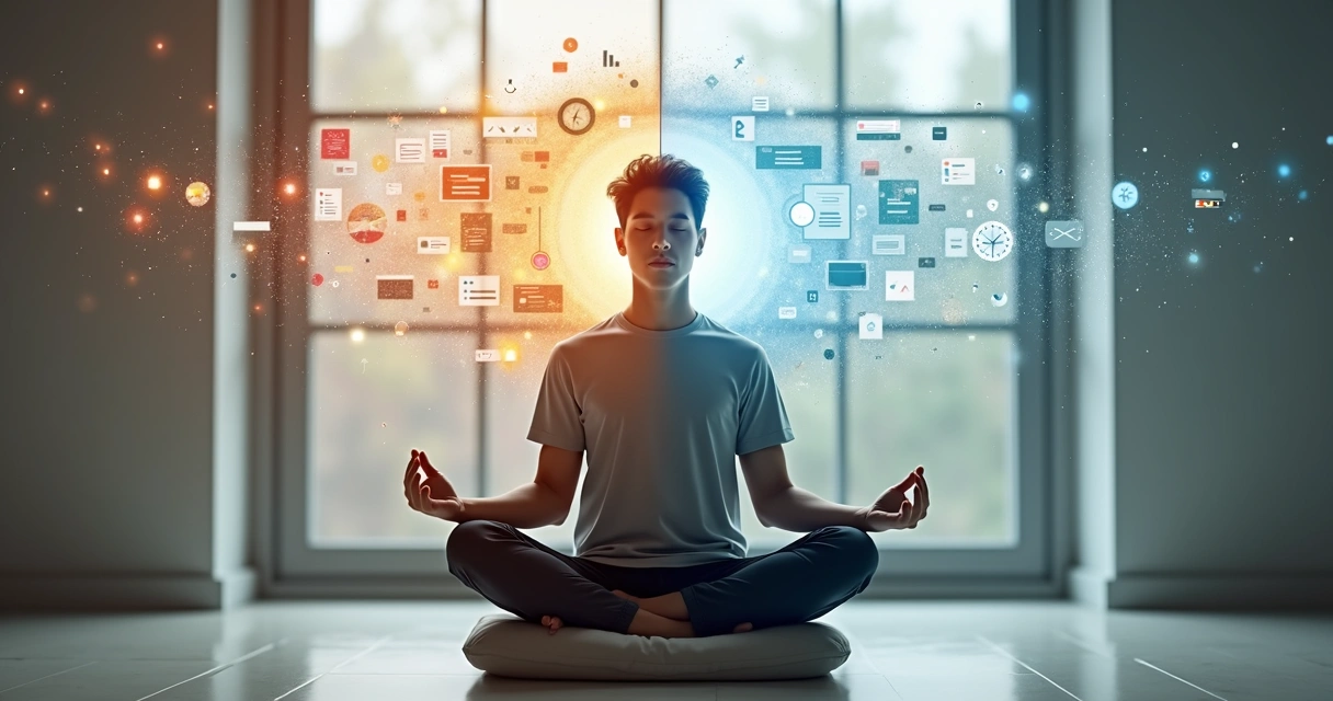 Pessoa meditando com mente dividida entre foco e distrações representadas por ícones ao redor 