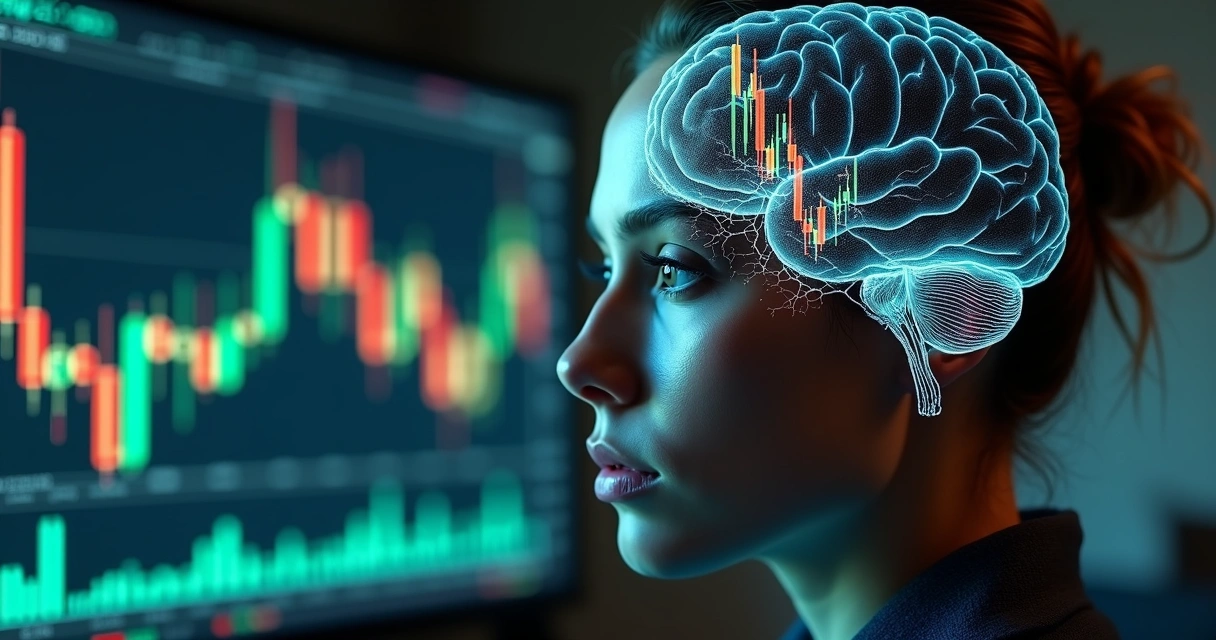 Rosto dividido entre tranquilidade e ansiedade diante de tela com gráficos financeiros 