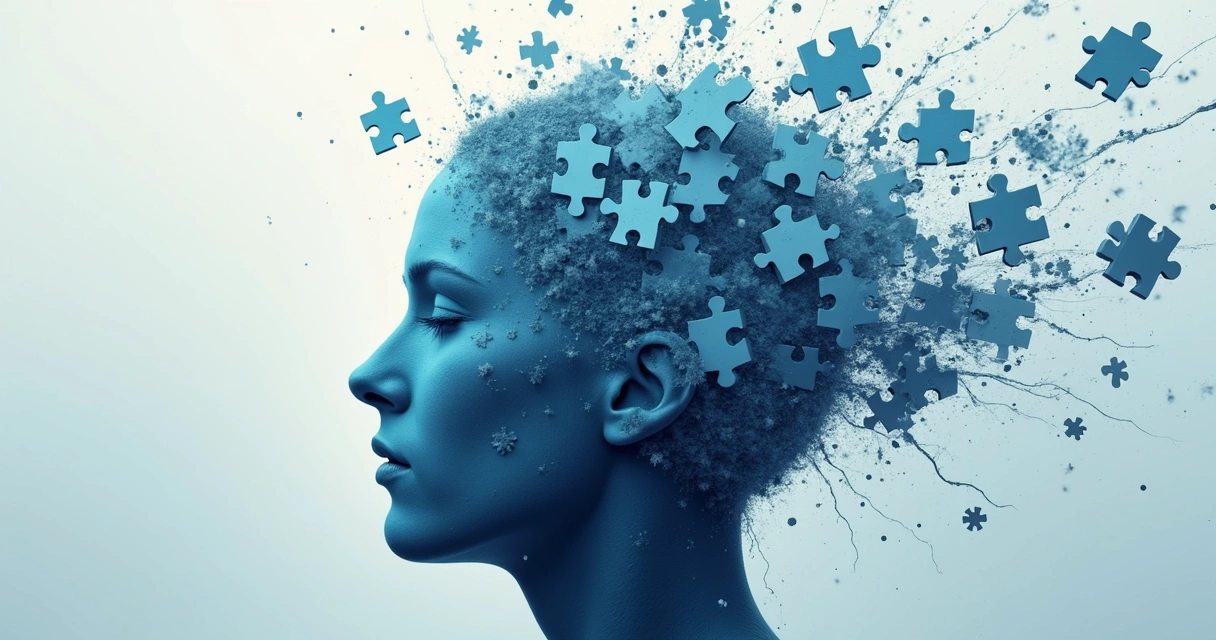 Mosaico de uma cabeça humana em diferentes tons, mostrando pedaços desconectados 