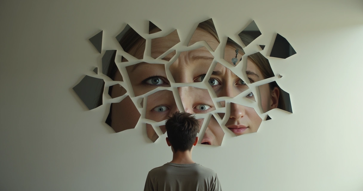 Rosto humano refletido em pedaços de espelho simbolizando mente fragmentada 